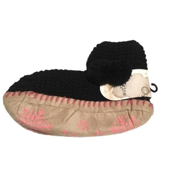 Hand Knitted Snowflake Slipper Booties Women Size 6/7 Small/Med Lined Black Pink - Picture 7 of 7